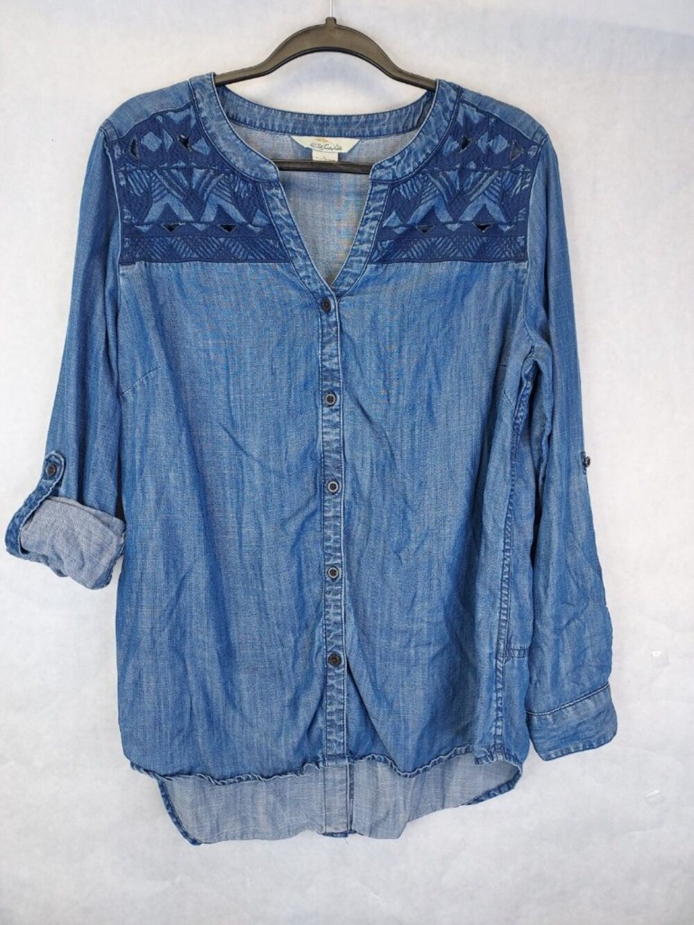 Bob Timberlake Chambray Shirt Women's L Tunic Denim Embroidered Cut Outs Boho